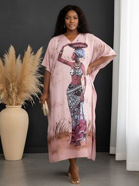 Dusty Pink Polyester Caftan Dress Plus Size Cover Up Maxi Dresses Kimono Sleeve